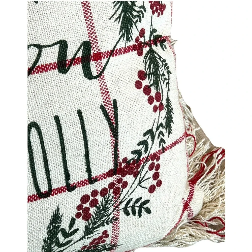 Christmas Throw Pillow Tis The Season Jolly Holly Maroon Berries ZIPS 19